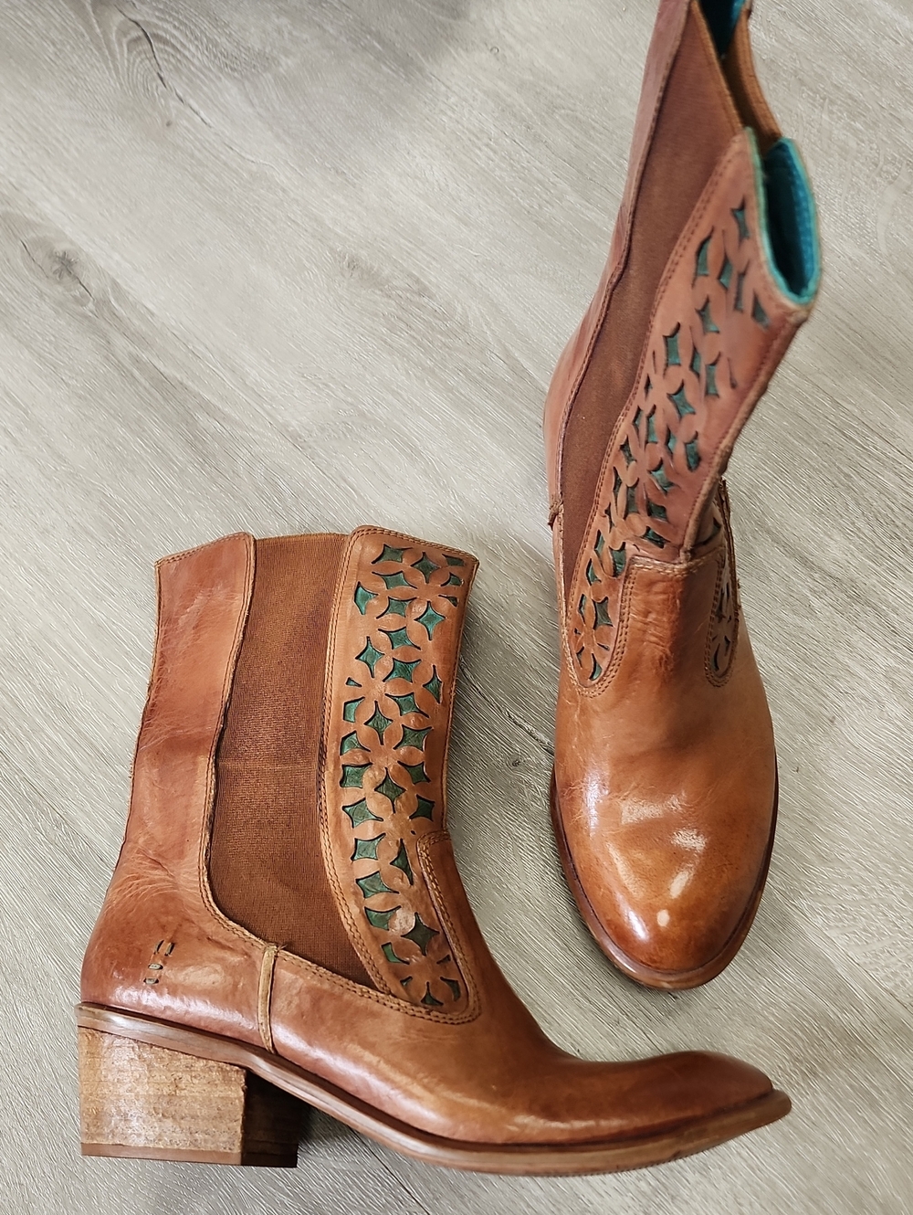 Roan New Tan Leather Cutout Heeled Ankle Boots with Teal Underlay